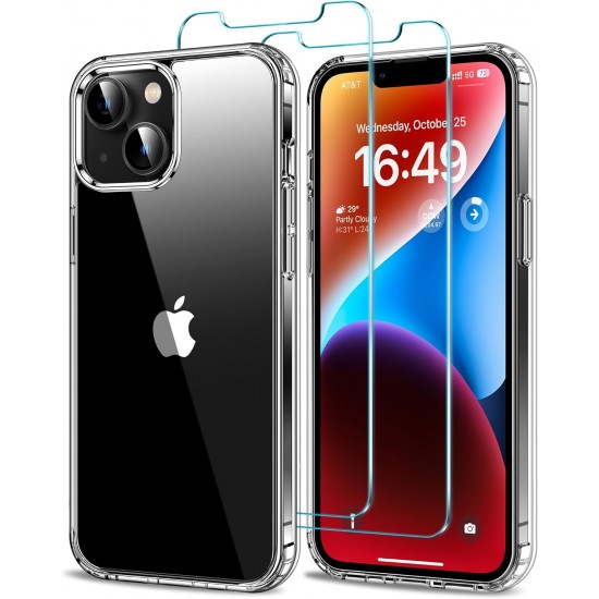 HOOMIL for iPhone 13 Case with 2-Pack Tempered Glass Screen Protector Film, Non-Yellowing, Drop Protection, Anti-Scratch Transparent Hard Back Phone Cover (6.1-Inch) - Crystal Clear